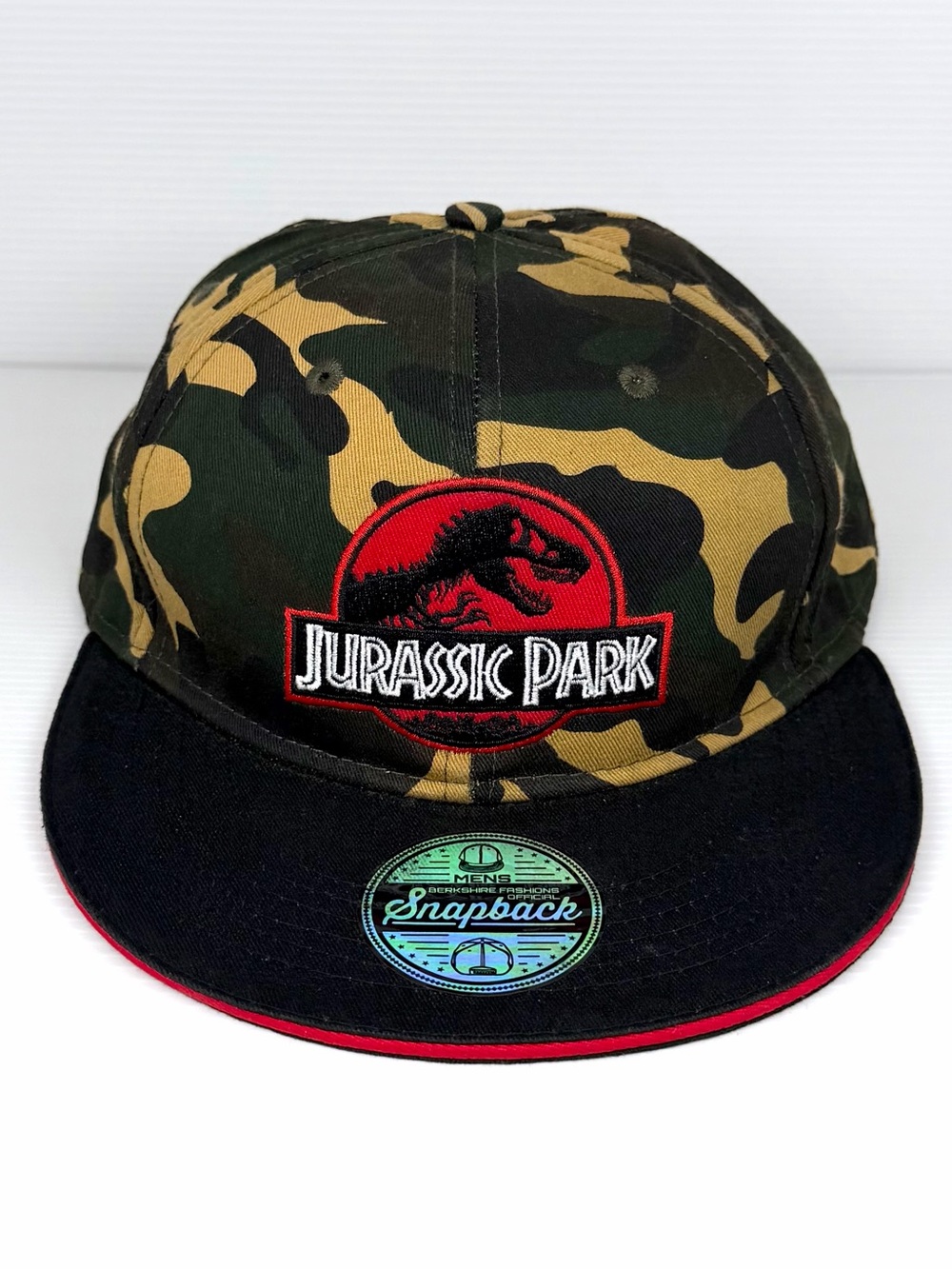 Jurassic Park Camo Snapback Hat Embroidered Dinosaur Logo Flat Brim